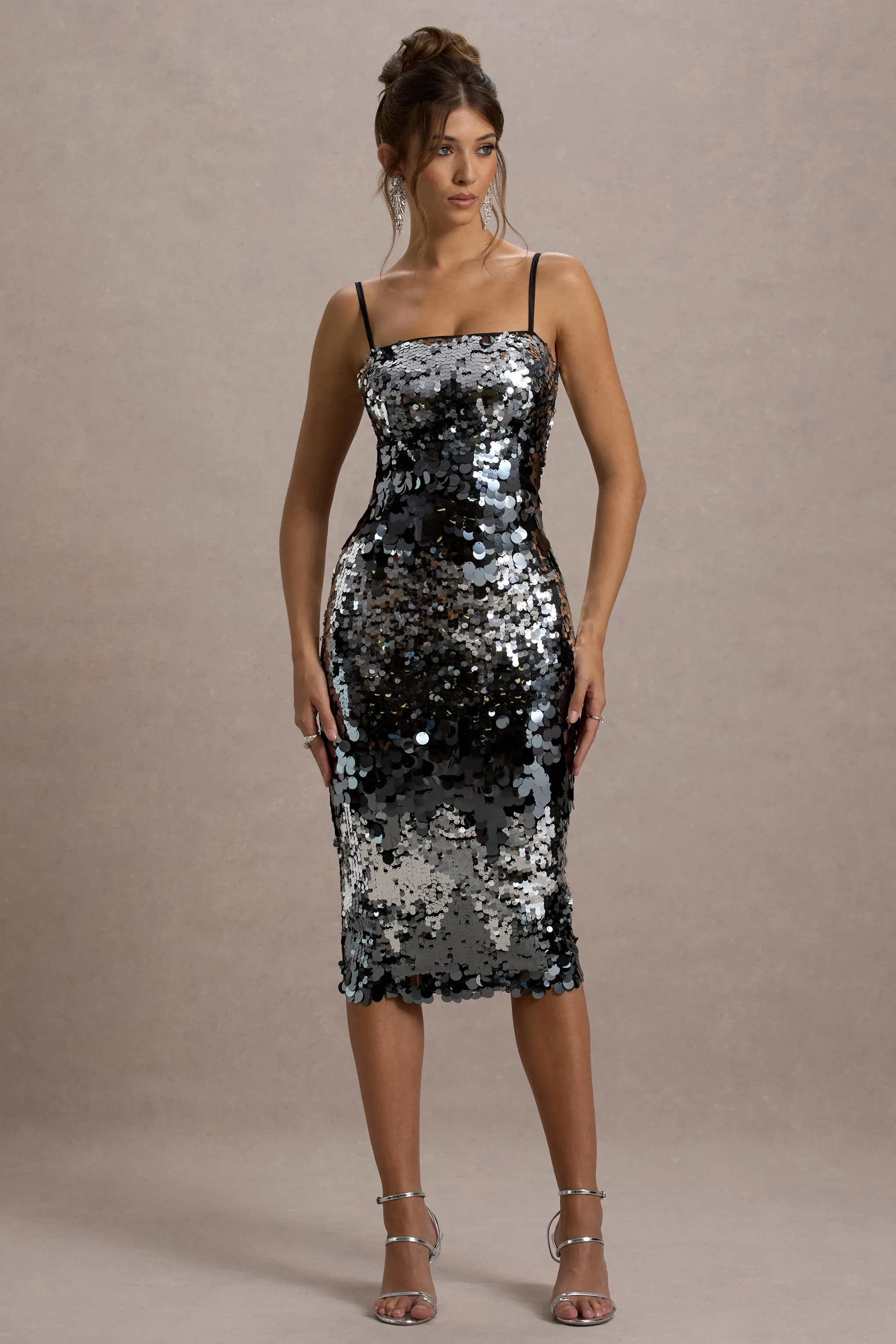 Azure | Silver Sequin Strappy Midi Dress