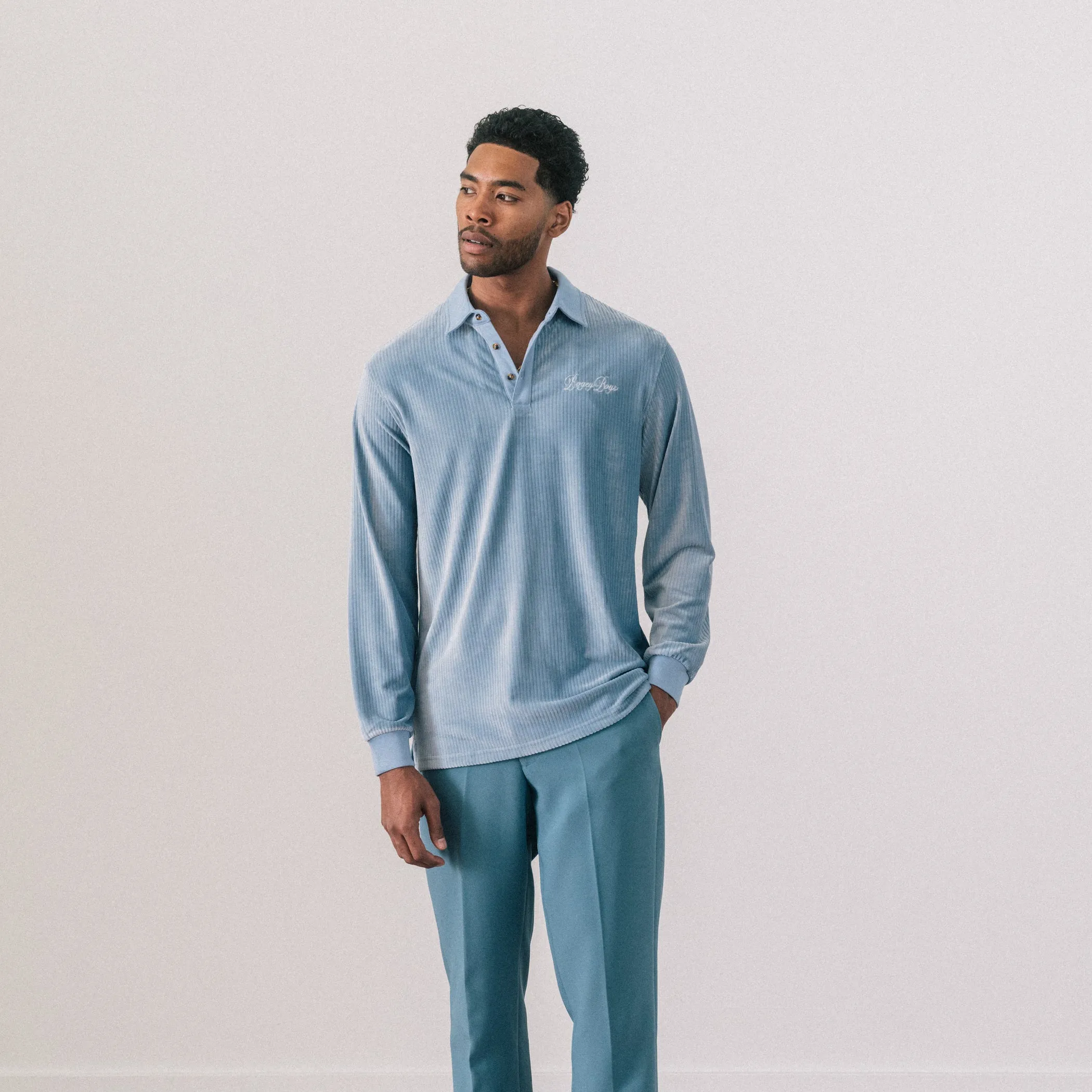 Crushed Velour Longsleeve Polo - Powder Blue