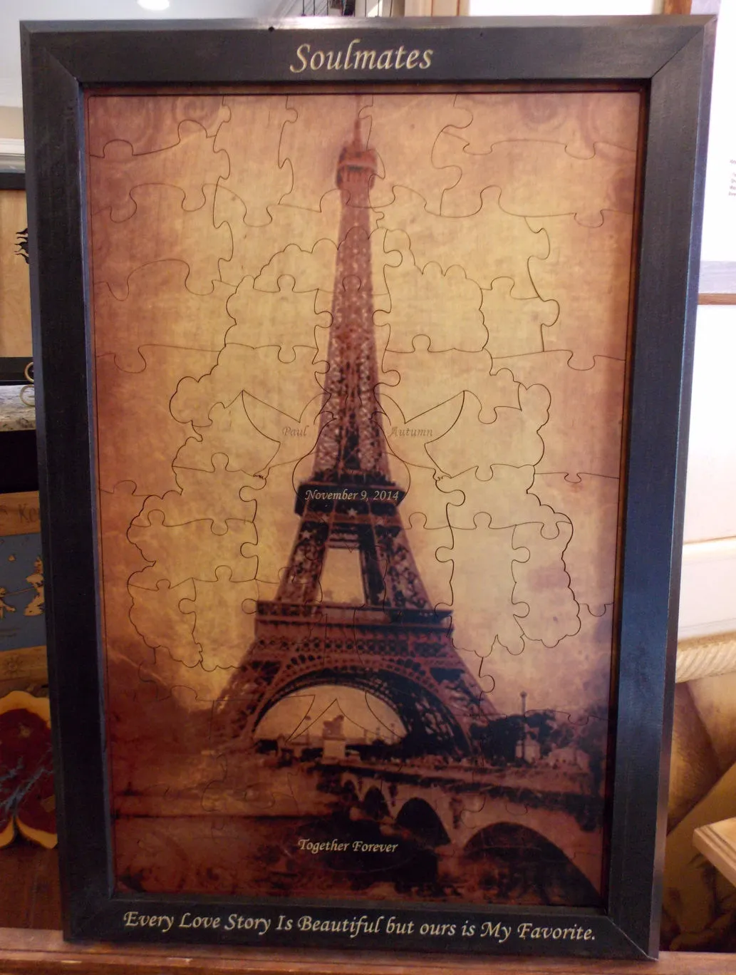 Custom Eiffel Tower Forever Tree Wood Puzzle Guest Book Alternative