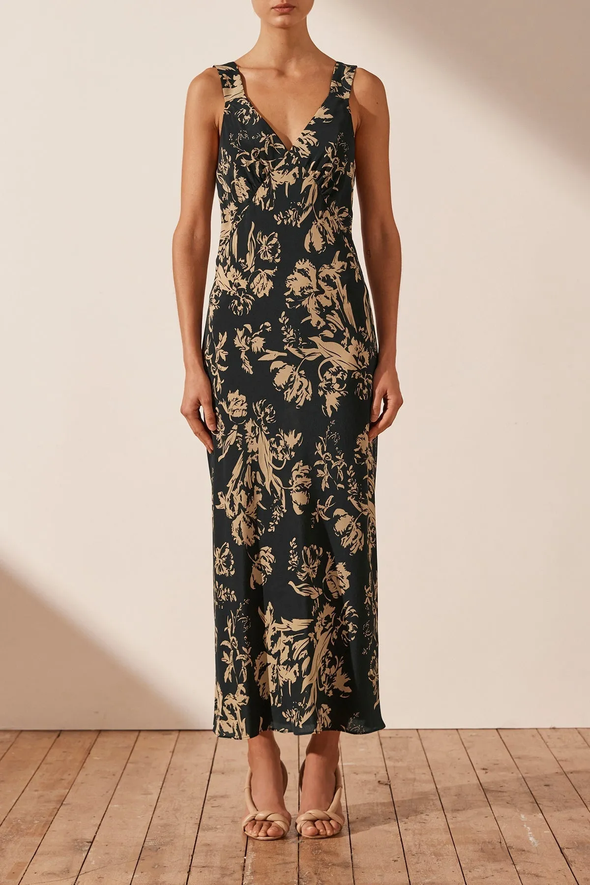 DAWN SILK PLUNGED MIDI DRESS