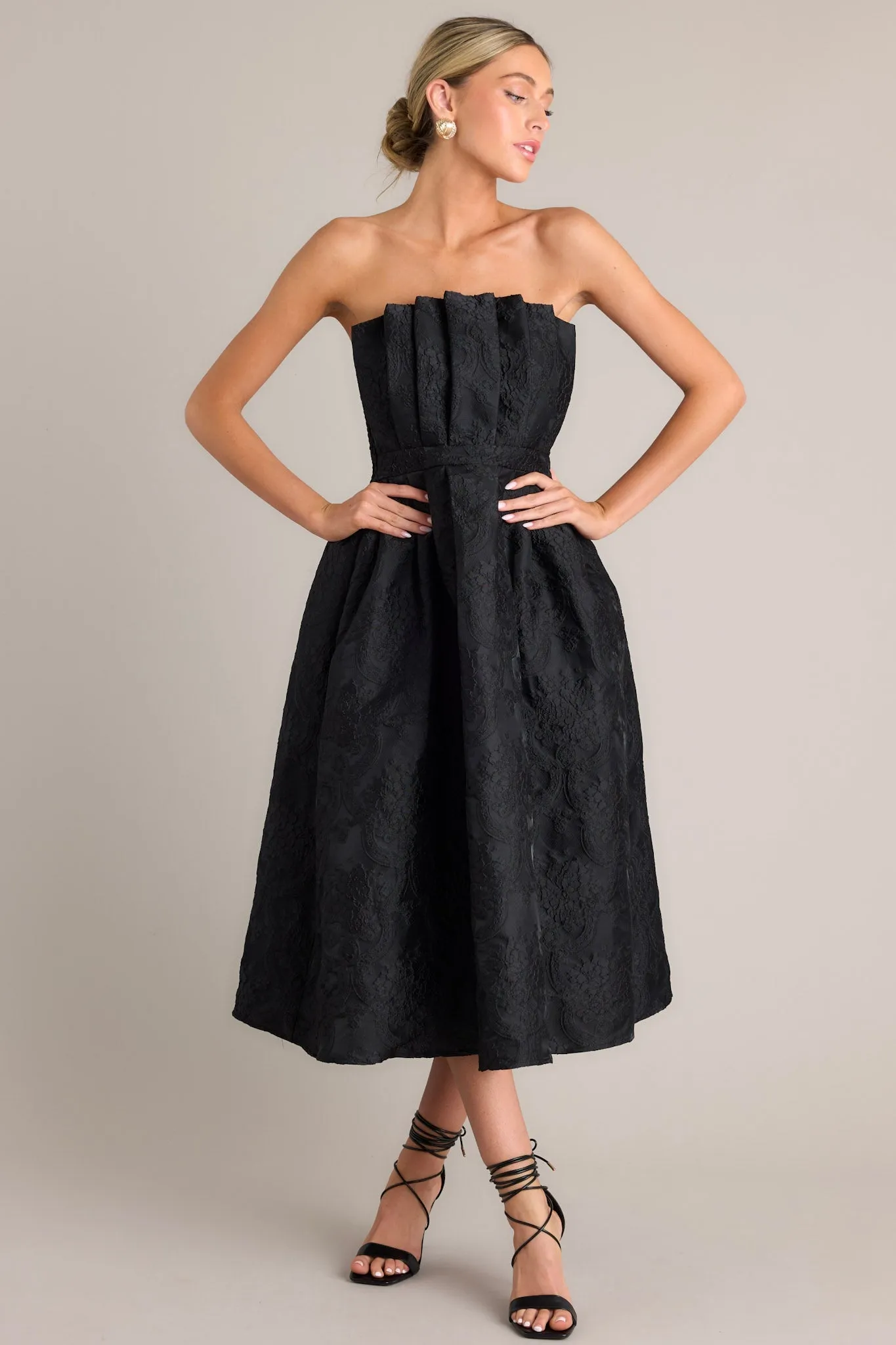 Enchanted Elegance Black Jacquard Strapless Midi Dress