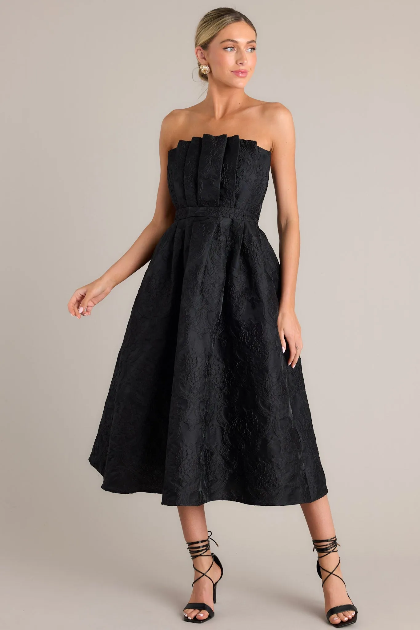 Enchanted Elegance Black Jacquard Strapless Midi Dress