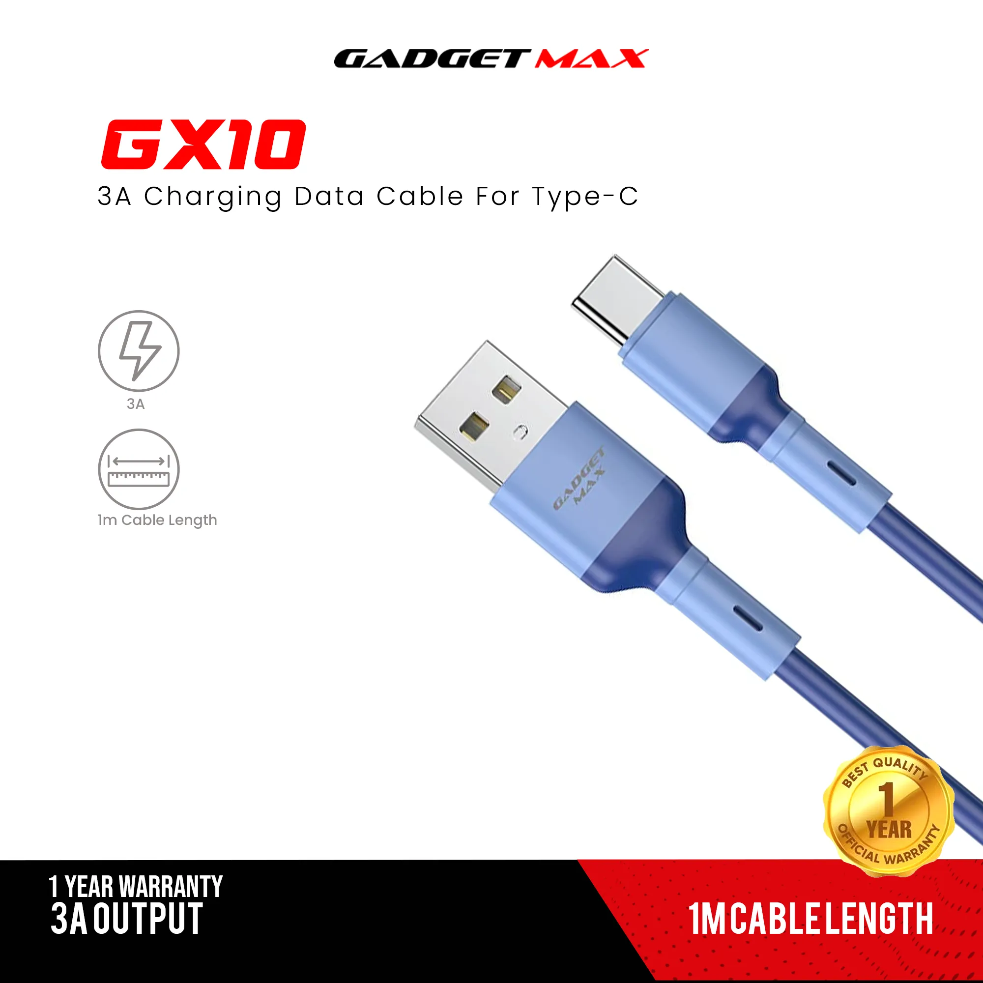 GADGET MAX GX10 TYPE-C 3A CHARGING DATA CABLE FOR TYPE-C (3A)(1M) - WHITE