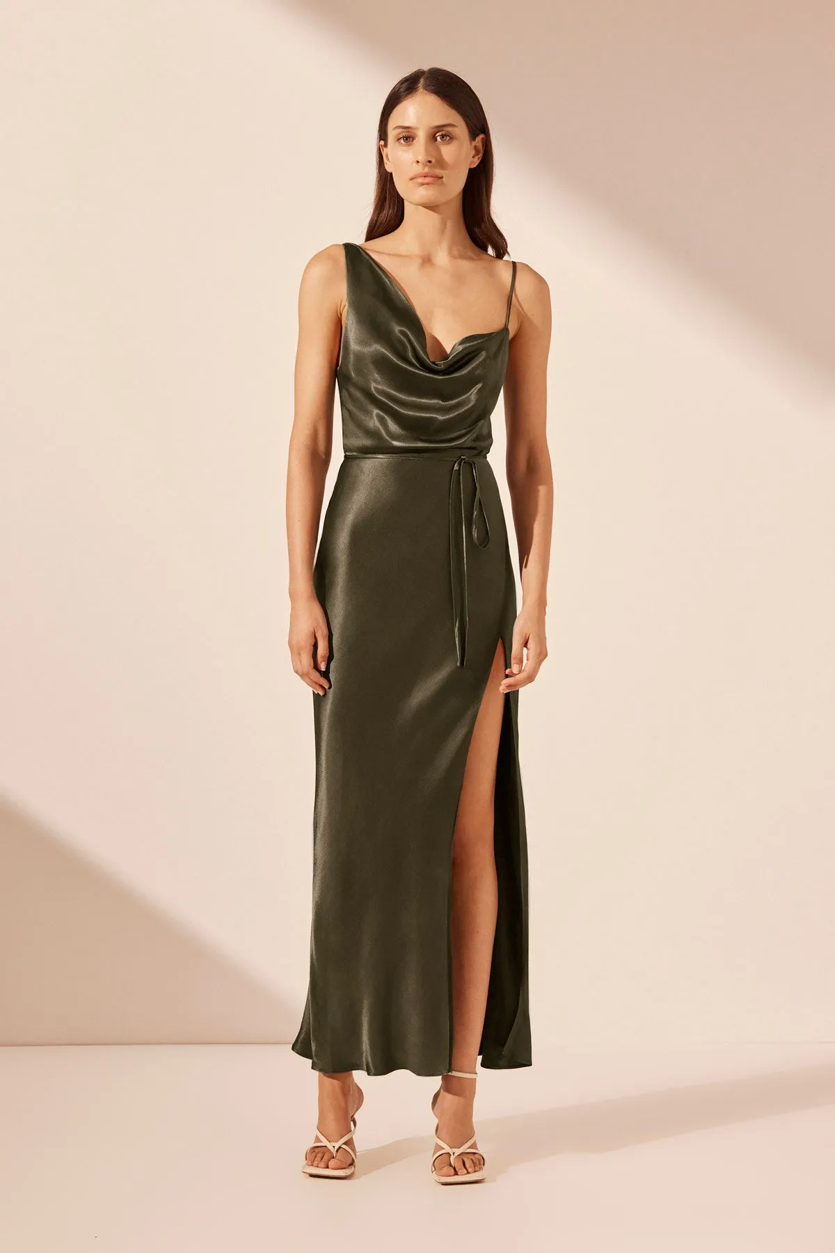 LA LUNE DRAPED SIDE SPLIT MIDI DRESS - FOREST