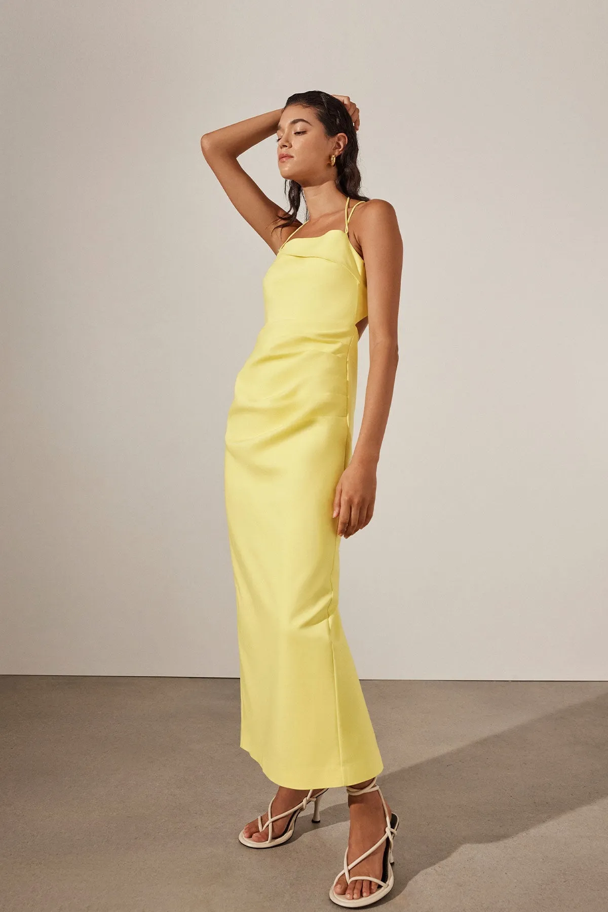 LANI DRAPED CROSS BACK MIDI DRESS - LEMON