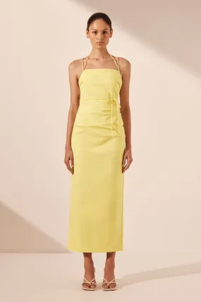 LANI DRAPED CROSS BACK MIDI DRESS - LEMON