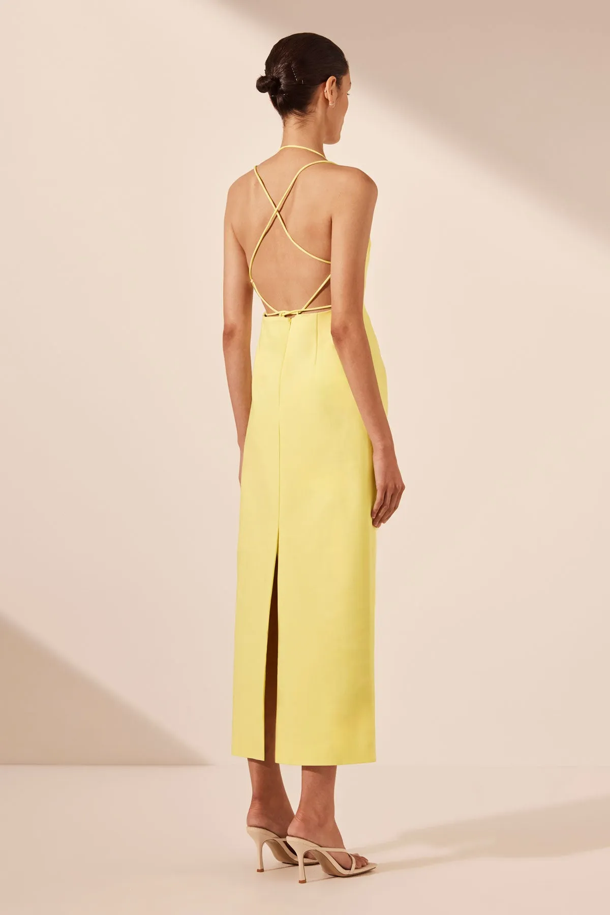 LANI DRAPED CROSS BACK MIDI DRESS - LEMON