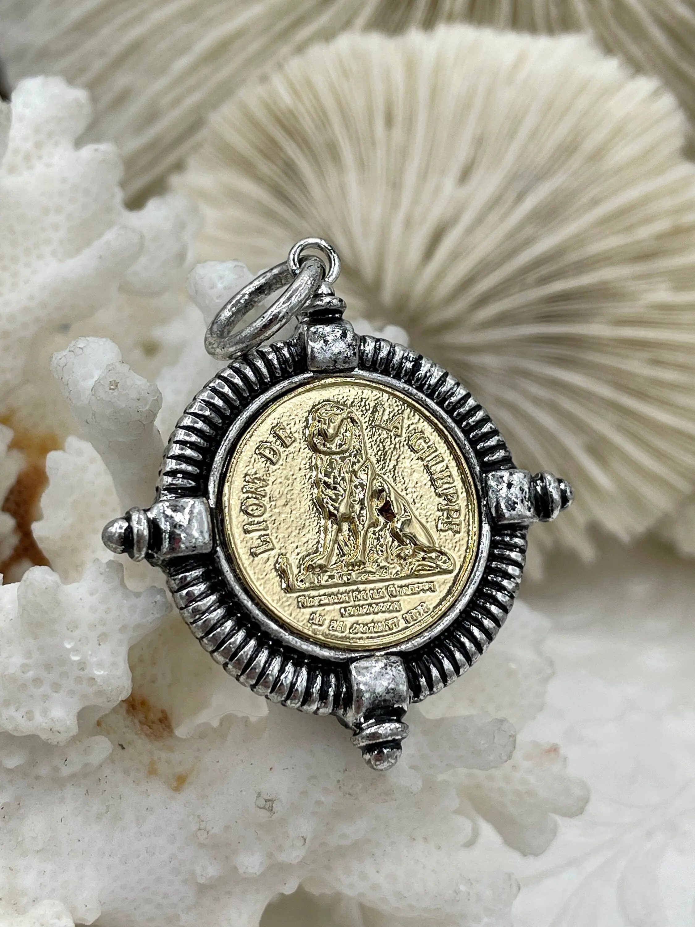 Lion de  la Gileppe Coin, Lion Pendant, Lion Medal, Lion Jewelry, Gold Lion coin, Lion Pendant, Lion de  la Gileppe 3 bezel colors Fast Ship