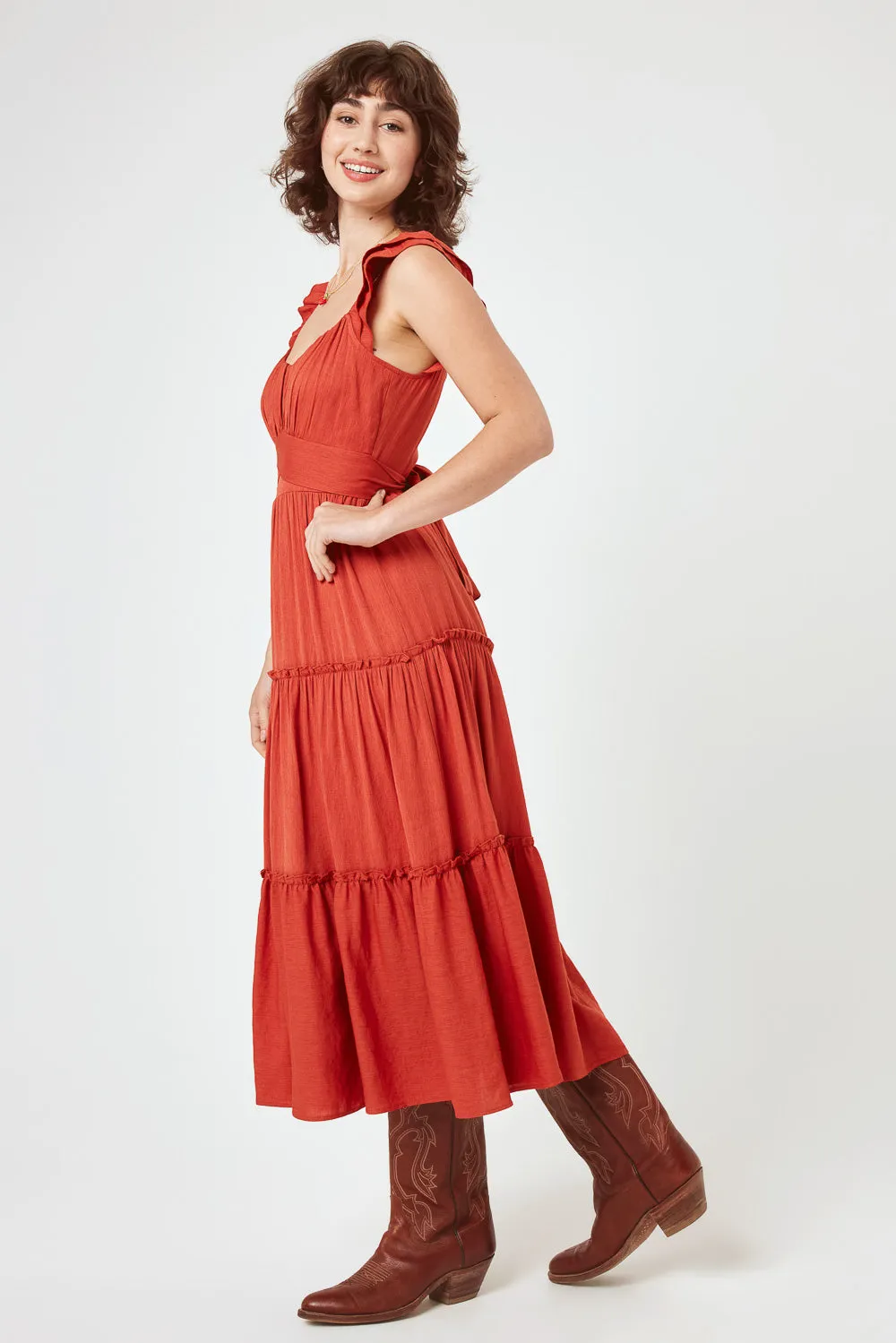 Rust Flutter Sleeve Midi Dress