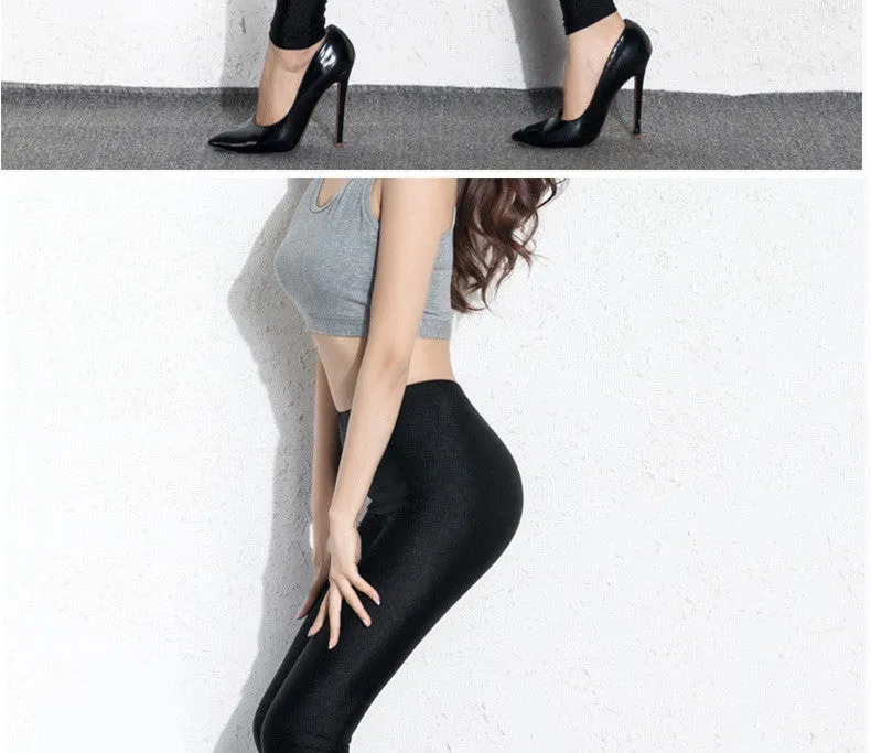 Wjczt Womens Sexy Shiny Stretch Leggings Thin Ankle Pants Legins Slim Black Leggings Gothic Trousers For Women Clothing